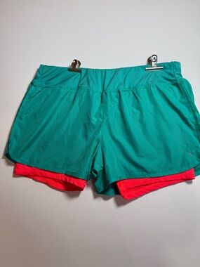 Danskin Now Teal Mesh Athletic Shorts with Coral Liner